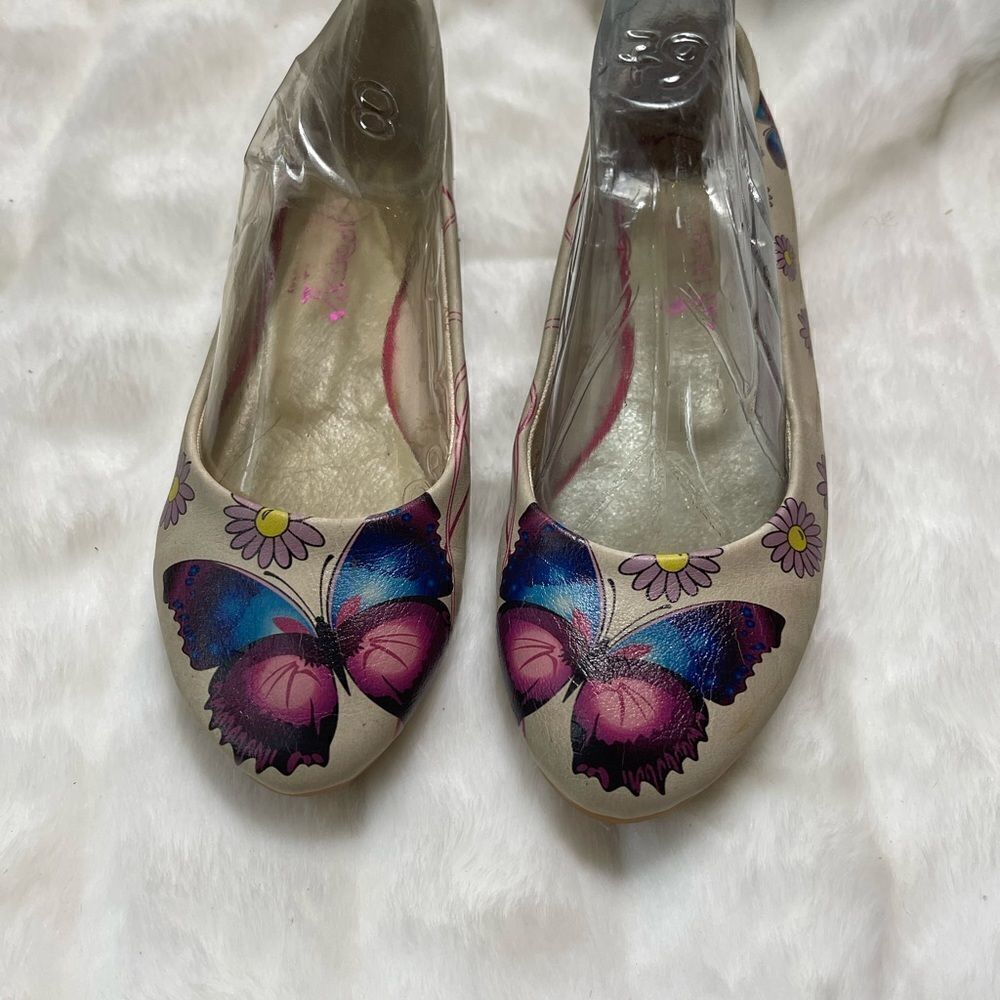 Goby Daisy & Butterfly multi color ballerina flats round toe slip on SZ Euro 37 - Picture 2 of 10